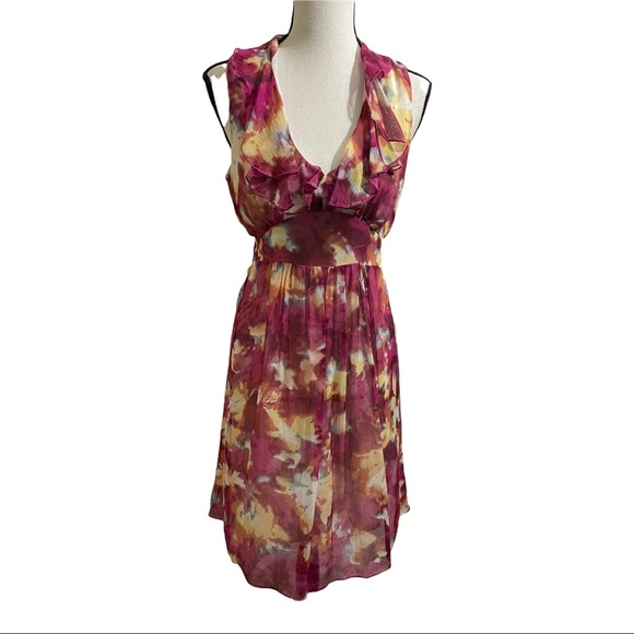 Chequer dress silk ruffle neckline sleeveless floral colorful. Womens size4 - Picture 1 of 11